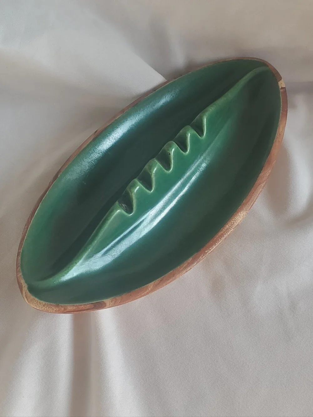 Yellowstone Park Vtg Green/Woodgrain  Ceramic Ashtray Trinket Bowl MCM Retro